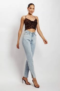 QNG All Tops Nikita Sequin Cowl Neck Top - Chocolate