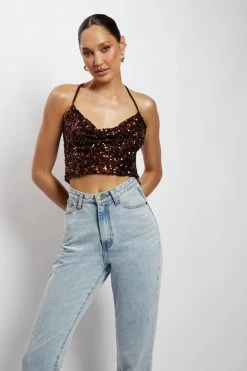 QNG All Tops Nikita Sequin Cowl Neck Top - Chocolate