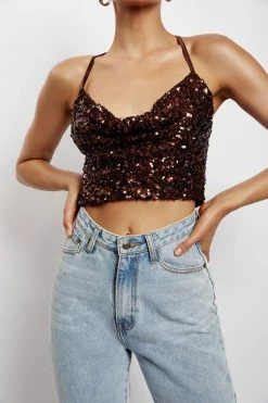 QNG All Tops Nikita Sequin Cowl Neck Top - Chocolate