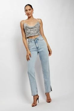 QNG Nikita Sequin Cowl Neck Top - Silver All Tops