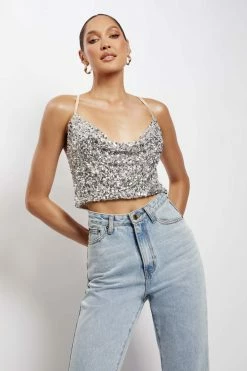 QNG Nikita Sequin Cowl Neck Top - Silver All Tops