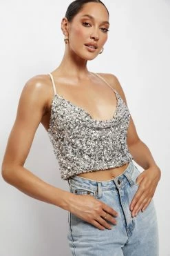 QNG Nikita Sequin Cowl Neck Top - Silver All Tops