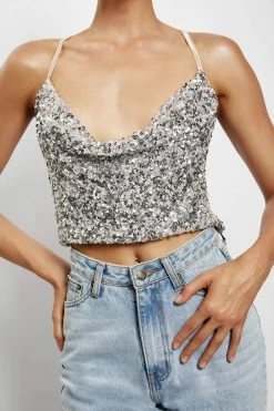 QNG Nikita Sequin Cowl Neck Top - Silver All Tops