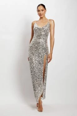 QNG Lily Sequin Front Split Maxi Dress - Silver