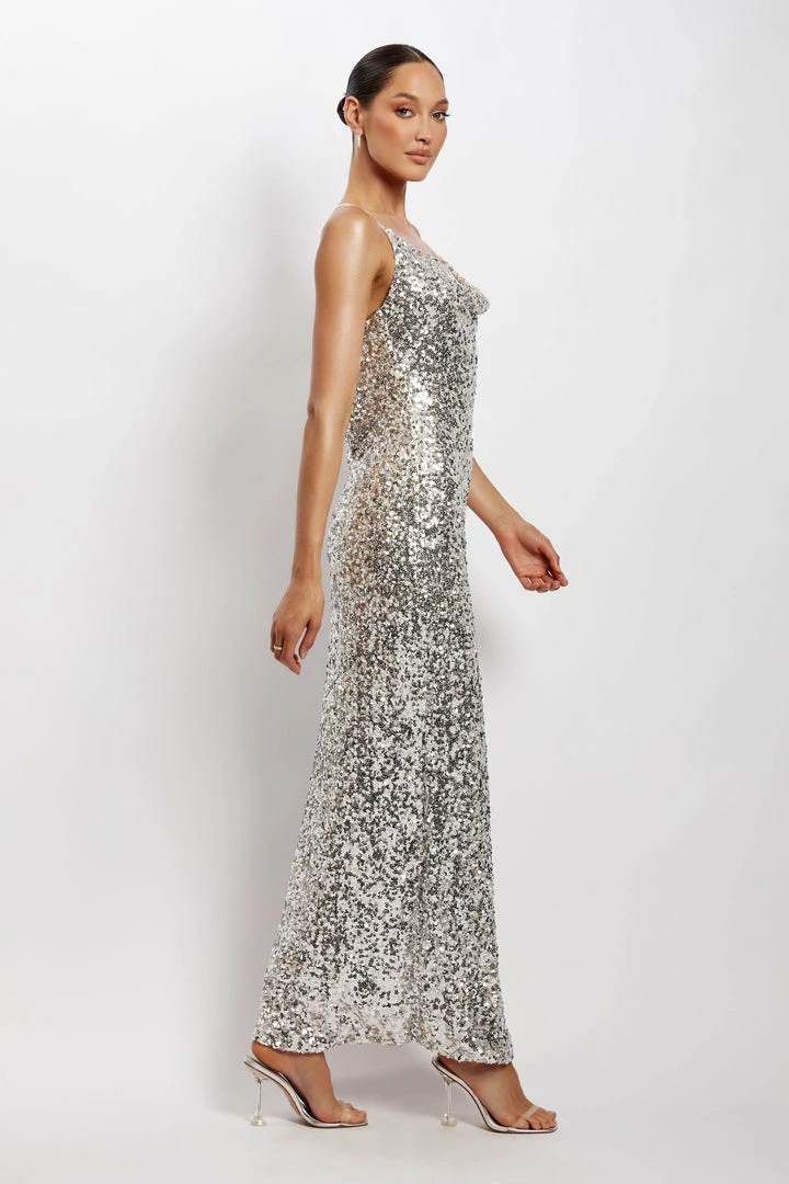 QNG Lily Sequin Front Split Maxi Dress - Silver 6 QNG Lily Sequin Front Split Maxi Dress - Silver