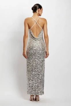 QNG Lily Sequin Front Split Maxi Dress - Silver 10 QNG Lily Sequin Front Split Maxi Dress - Silver