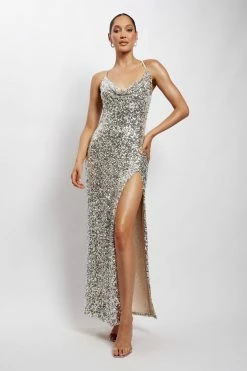 QNG Lily Sequin Front Split Maxi Dress - Silver 15 QNG Lily Sequin Front Split Maxi Dress - Silver