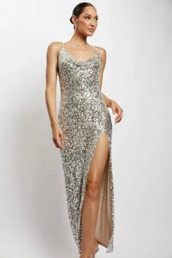 QNG Lily Sequin Front Split Maxi Dress - Silver 12 QNG Lily Sequin Front Split Maxi Dress - Silver