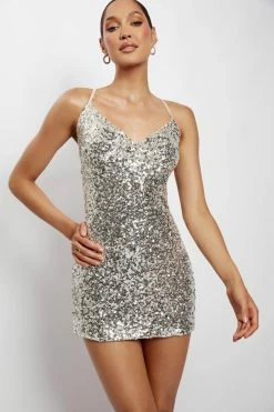 QNG Jody Sequin Cowl Neck Dress - Silver 8 QNG Jody Sequin Cowl Neck Dress - Silver