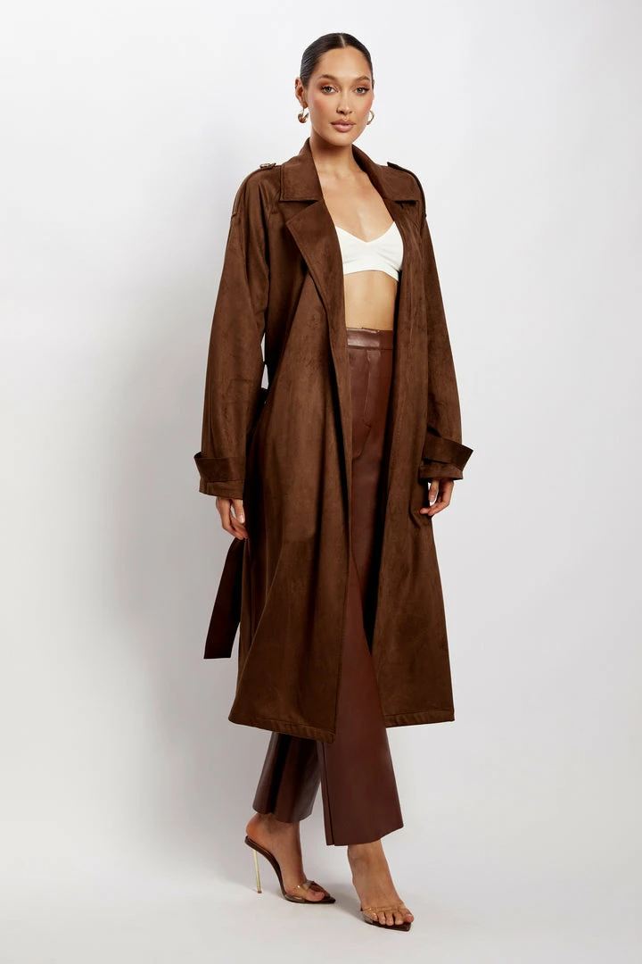 WNG Camilla Suede Trench Coat - Chocolate Coats & Jackets 1 WNG Camilla Suede Trench Coat - Chocolate Coats & Jackets