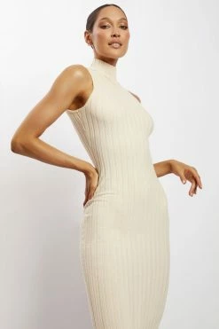 SOP Melissa Grown On Neck Knit Midi Dress - Cream