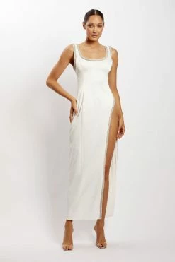 Catherine Lapis Satin Diamante Trim High Split Midi Dress - White DRESSES
