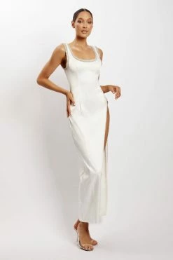 Catherine Lapis Satin Diamante Trim High Split Midi Dress - White DRESSES 14 Catherine Lapis Satin Diamante Trim High Split Midi Dress - White DRESSES