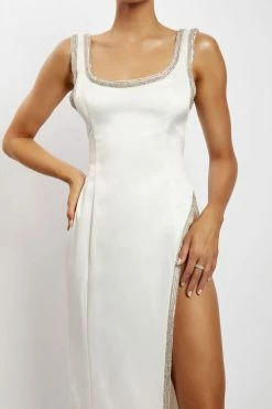 Catherine Lapis Satin Diamante Trim High Split Midi Dress - White DRESSES 10 Catherine Lapis Satin Diamante Trim High Split Midi Dress - White DRESSES