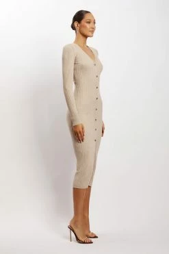 SOP Brynn Long Sleeve Button Down Midi Dress - Taupe