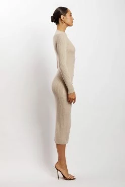 SOP Brynn Long Sleeve Button Down Midi Dress - Taupe