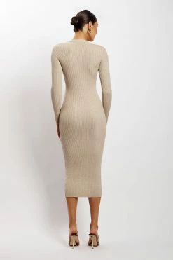 SOP Brynn Long Sleeve Button Down Midi Dress - Taupe