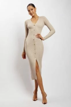 SOP Brynn Long Sleeve Button Down Midi Dress - Taupe