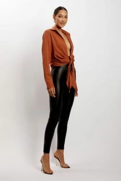 WNT All Tops Rona Front Tie Long Sleeve Crop Top - Burnt Orange
