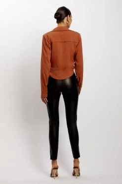 WNT All Tops Rona Front Tie Long Sleeve Crop Top - Burnt Orange