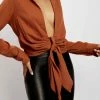 WNT All Tops Rona Front Tie Long Sleeve Crop Top - Burnt Orange