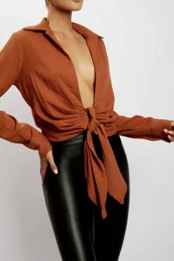 WNT All Tops Rona Front Tie Long Sleeve Crop Top - Burnt Orange
