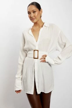 WNT Avaleigh Ring Detail Oversized Crinkle Dress - White DRESSES