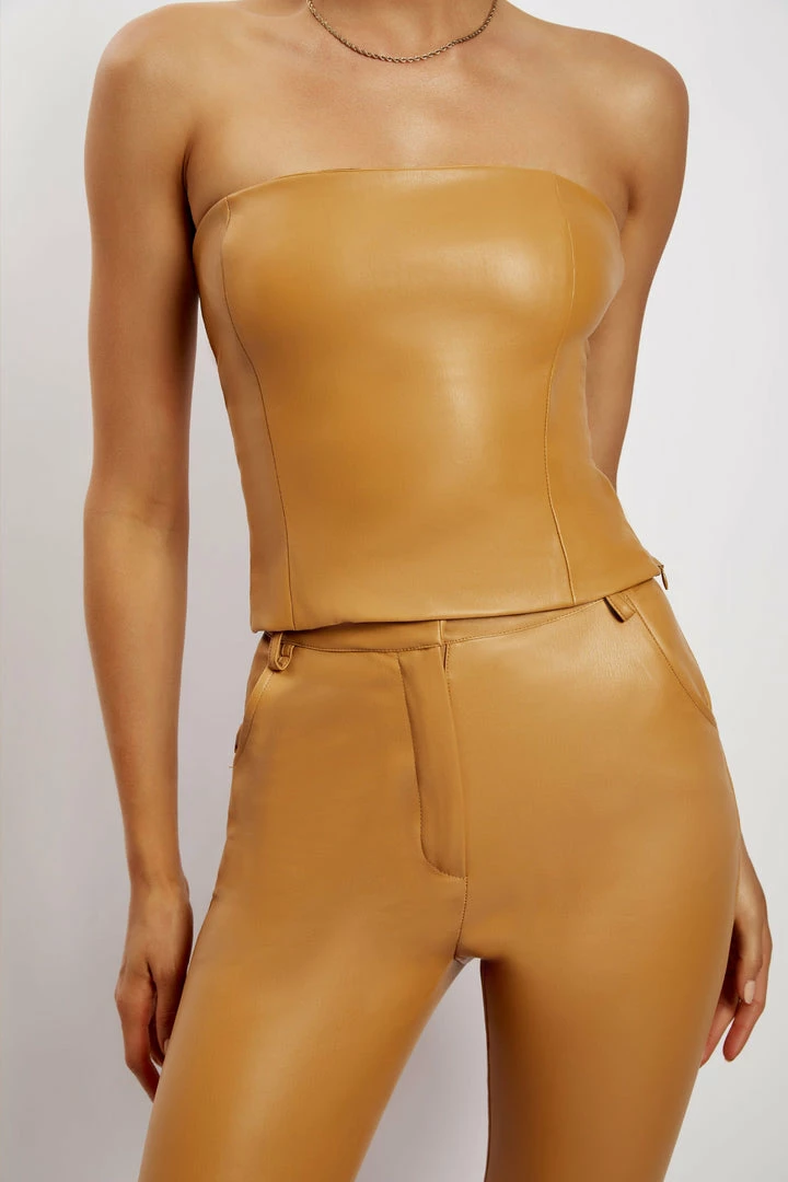 LCH All Tops Pamela Faux Leather Strapless Crop Top - Tan 7 LCH All Tops Pamela Faux Leather Strapless Crop Top - Tan