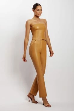 LCH All Tops Pamela Faux Leather Strapless Crop Top - Tan 20 LCH All Tops Pamela Faux Leather Strapless Crop Top - Tan