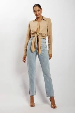 WNT Rona Front Tie Long Sleeve Crop Top - Nude