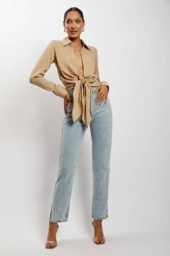 WNT Rona Front Tie Long Sleeve Crop Top - Nude