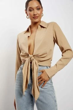 WNT Rona Front Tie Long Sleeve Crop Top - Nude