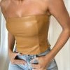 LCH All Tops Pamela Faux Leather Strapless Crop Top - Tan