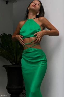 JLW Leanne Halter Tie Front Midi Dress - Green