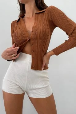 EMS All Tops Tara Knit Button Down Cardigan - Toffee