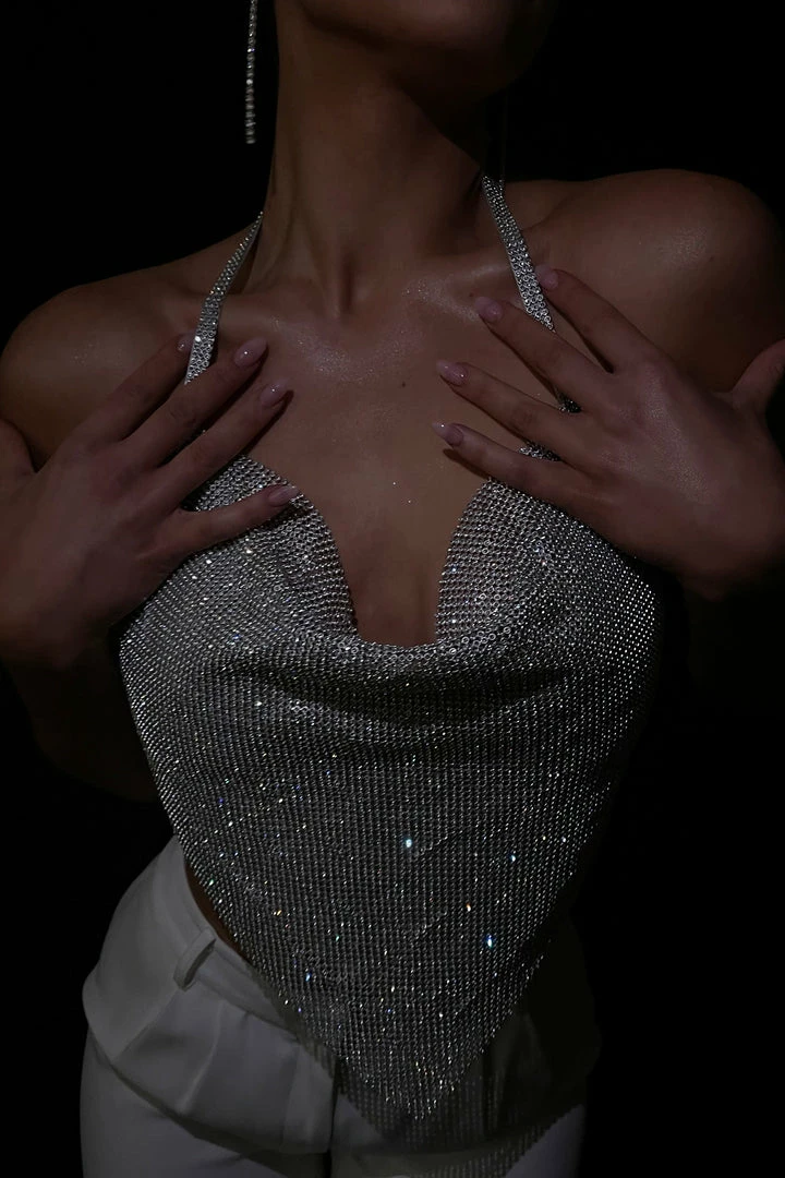 QINGYA FASHION CO., LTD. Daphne Diamante Cowl Neck Halter Top - Silver All Tops 1 QINGYA FASHION CO., LTD. Daphne Diamante Cowl Neck Halter Top - Silver All Tops