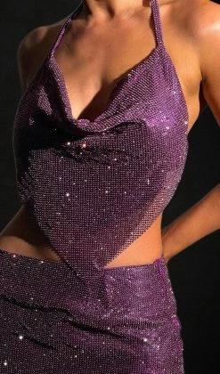 QNG Daphne Diamante Cowl Neck Halter Top - Purple Two Piece Sets