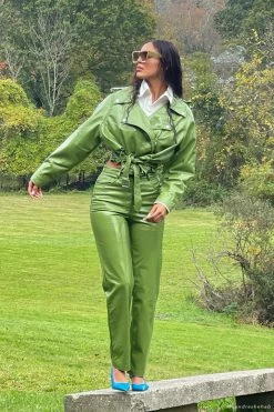 WNT Oakleigh Straight Leg Patent Pants - Green Two Piece Sets