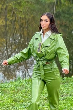 WNT Isobel Patent Biker Jacket - Green