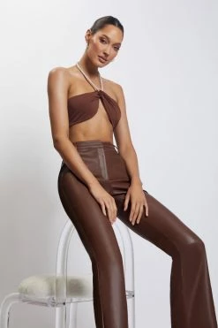 AMC All Tops Lea Diamante Chain Halter Neck Crop Top - Chocolate 14 AMC All Tops Lea Diamante Chain Halter Neck Crop Top - Chocolate
