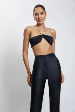 AMC Lea Diamante Chain Halter Neck Crop Top - Black