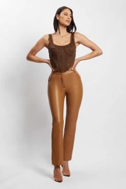 WNT Tyra Straight Leg Faux Leather Pants - Dark Tan Two Piece Sets