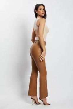 WNT Tyra Straight Leg Faux Leather Pants - Dark Tan Two Piece Sets