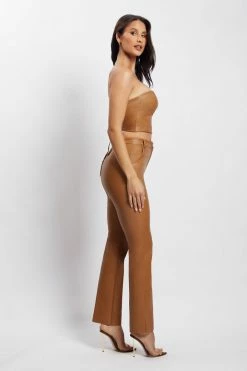 WNT Tyra Straight Leg Faux Leather Pants - Dark Tan Two Piece Sets