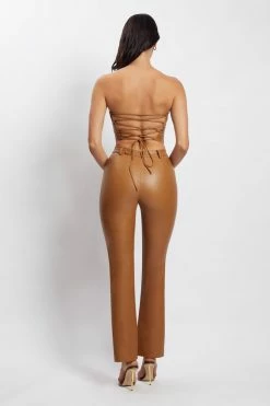 WNT Tyra Straight Leg Faux Leather Pants - Dark Tan Two Piece Sets