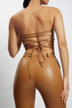 WNT Tyra Straight Leg Faux Leather Pants - Dark Tan Two Piece Sets