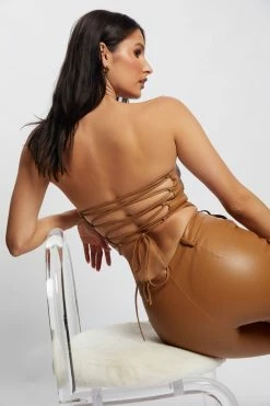 LCH Two Piece Sets Pamela Lace Up Back Top - Dark Tan