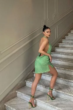 QNG Meilani Low Back Diamante Mesh Mini Dress - Green