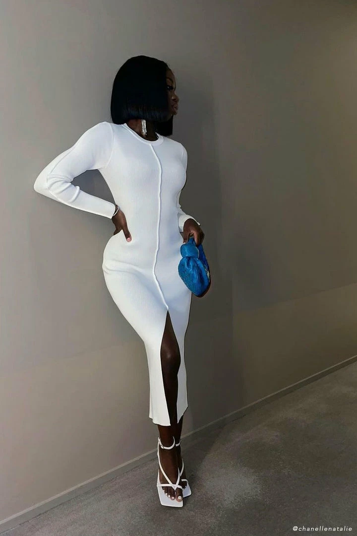 EMS DRESSES Nada Pintuck Detail Knitted Midi Dress - White 1 EMS DRESSES Nada Pintuck Detail Knitted Midi Dress - White