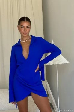 QNG Emilee Wrap Mini Shirt Dress - Cobalt Blue DRESSES